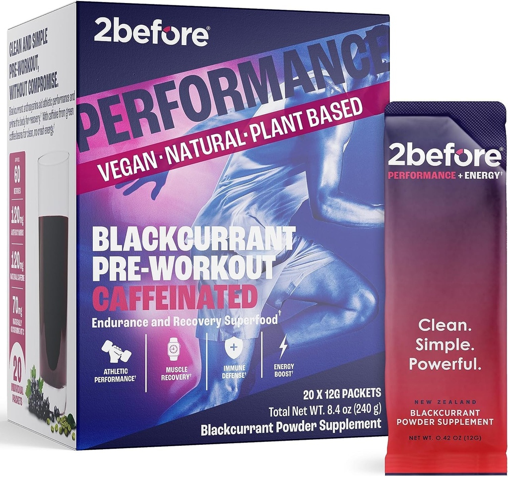 2antes de todos Natural Vegan Pre Treino, com 120mg Cafeína I Energia Limpa, Endurance, Recuperação I Pré- Treino Mulheres e Homens I 20 x Packets individuais I Informado Esportes Certified I groselha negra