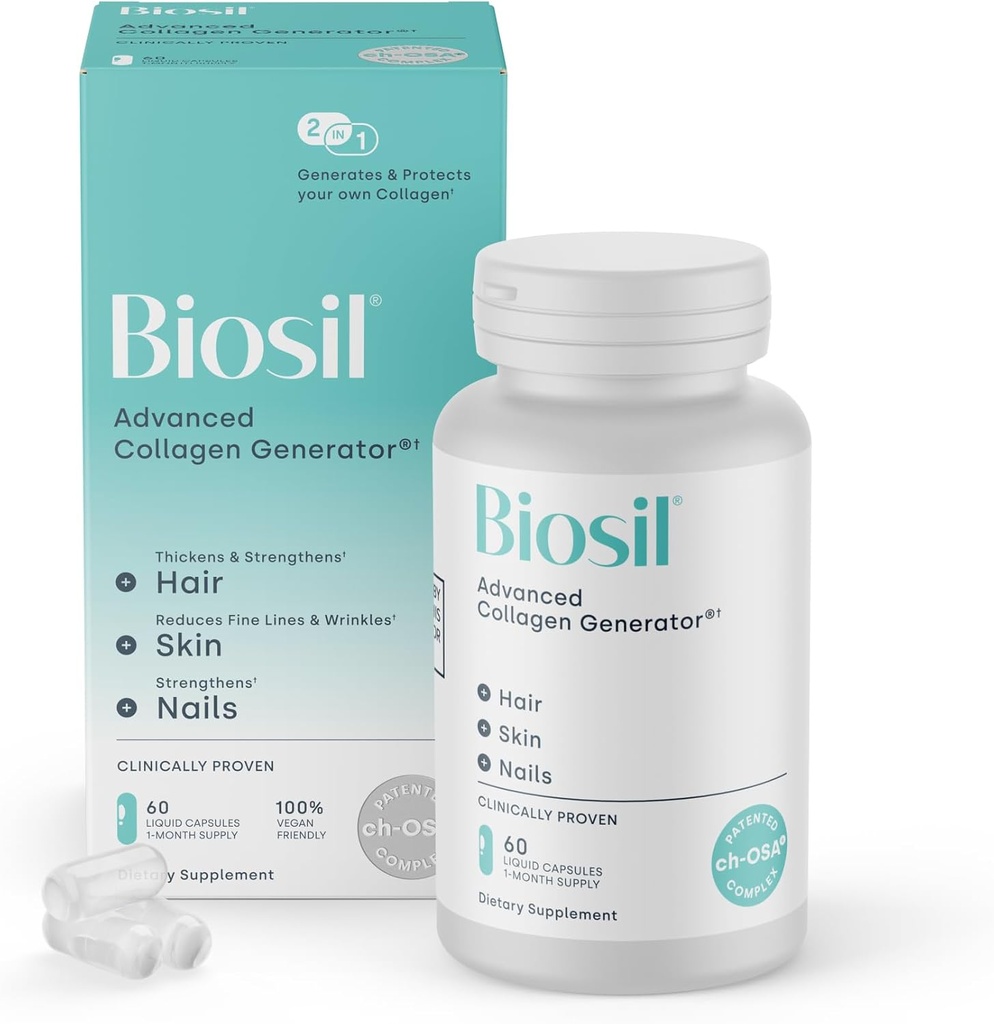 Biosil Collagen Booster Suplemento - 60 Cápsulas Vegan - Patenteado ch-OSA Ativador para a pele, cabelo, unhas e articulações - Suporta produção natural - 30-Dia de fornecimento