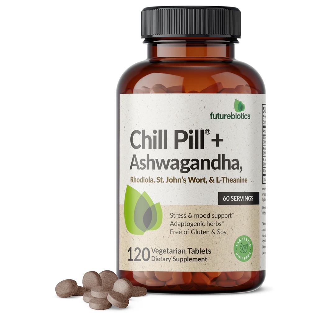 Futurebiotics Chill Pill + Ashwagandha, Rhodiola, St. John’s Wort, & L-Theanina - Não-GMO, 120 comprimidos vegetarianos