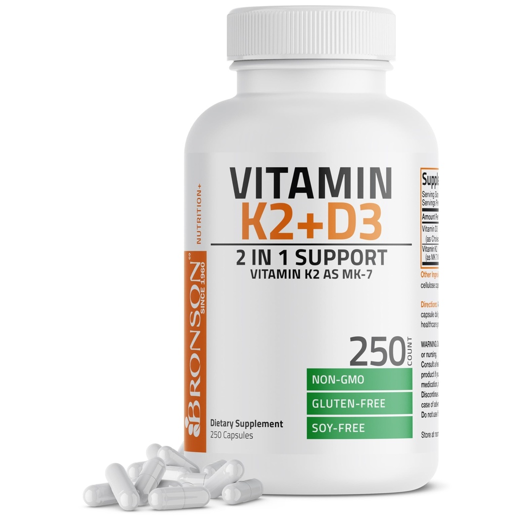 Bronson Vitamina K2 (MK7) com suplemento D3 Fórmula não-GMO 5000 UI Vitamina D3 e 90 mcg K2 MK-7 Complexo fácil de engolir D & K, 250 Cápsulas