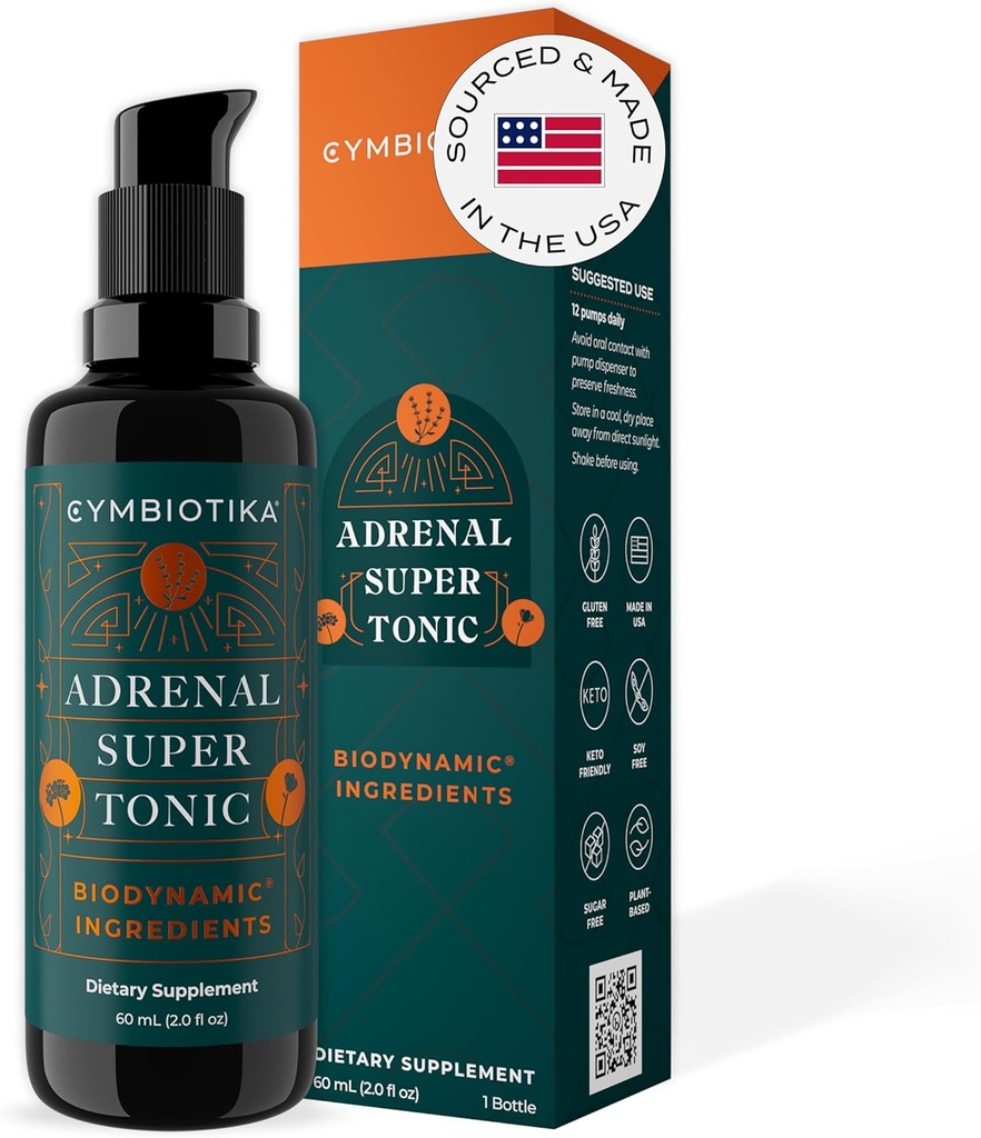 CYMBIOTIKA Suplemento Líquido Tônico Super Adrenal com Ashwagandha, Zinco, Lavanda, Santo Basílio, para suporte imunológico e relaxamento, Glúten Livre, Vegan, Keto, Berry, 2 fl oz