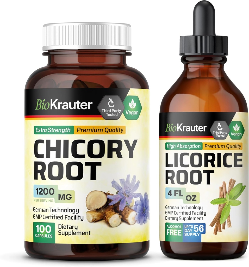 BIO KRAUTER Chicory Root 100 Cápsulas & Alcaçuz Root Tintura 4 Fl. Oz.
