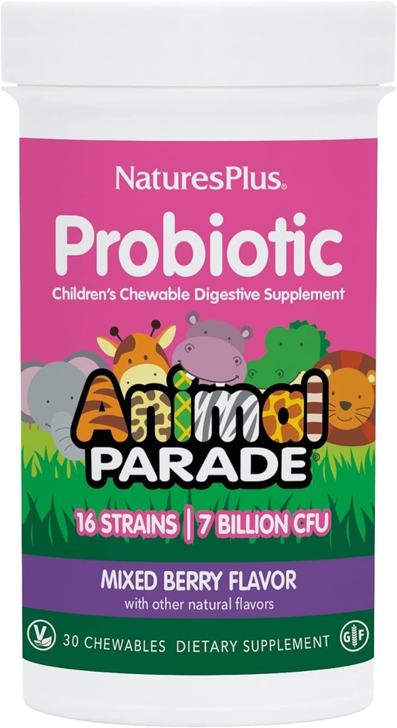 NaturesPlus animal parada probiótico, misto Berry - 30 Mastigables - Suplemento Digestion infantil - Suporta Gut Saúde & Imune Função - Vegan, Gluten Free - 30 Servings
