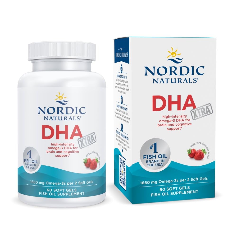 Naturals nórdicos DHA Xtra, Morango - 60 Gels macios - 1660 mg Omega-3 - Fórmula DHA de alta intensidade para suporte ao cérebro e sistema nervoso - Não-GMO - 30 Servings