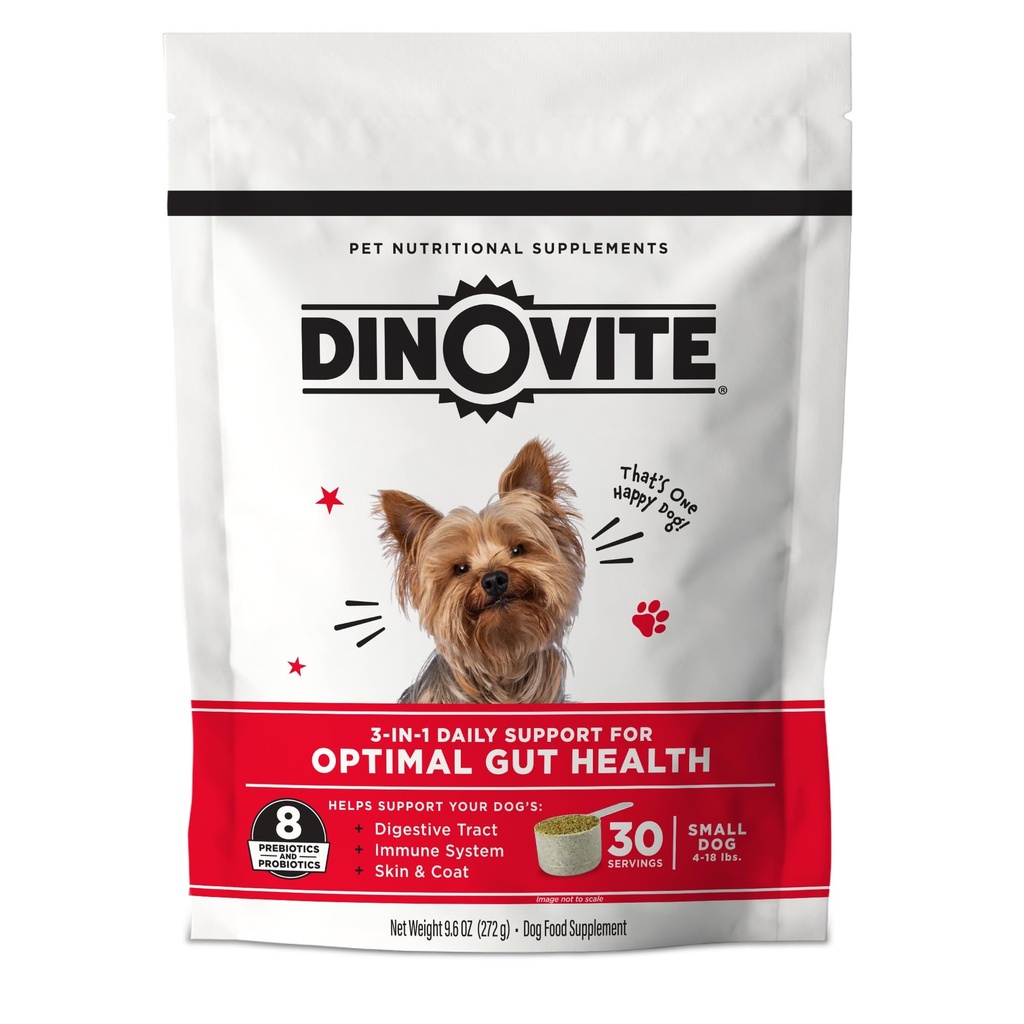 Dinovite 3 em 1 Probiótico para Cães Pequenos, Pele & Revestimento, Saúde Digestiva & Alívio Conjunto, Toppers de Alimentos para Cães, Suporte Imune, Alergia Relief & Itch Relief Skin Care, 30 Servings (1-18lb)