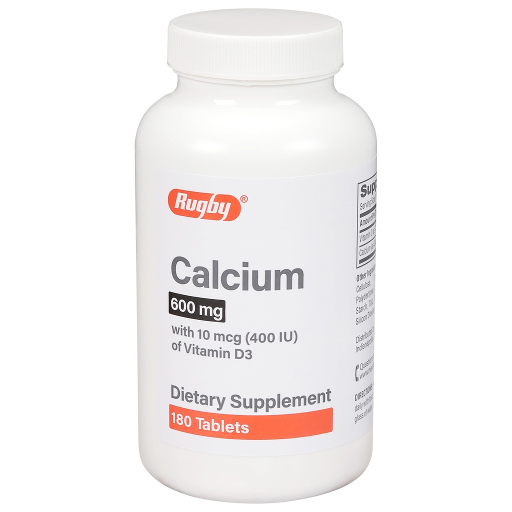 Rugby 600mg Comprimidos de cálcio - Feito com 10mcg (400UI) de vitamina D3 - Suplemento dietético - 180 Count (1 Pack)