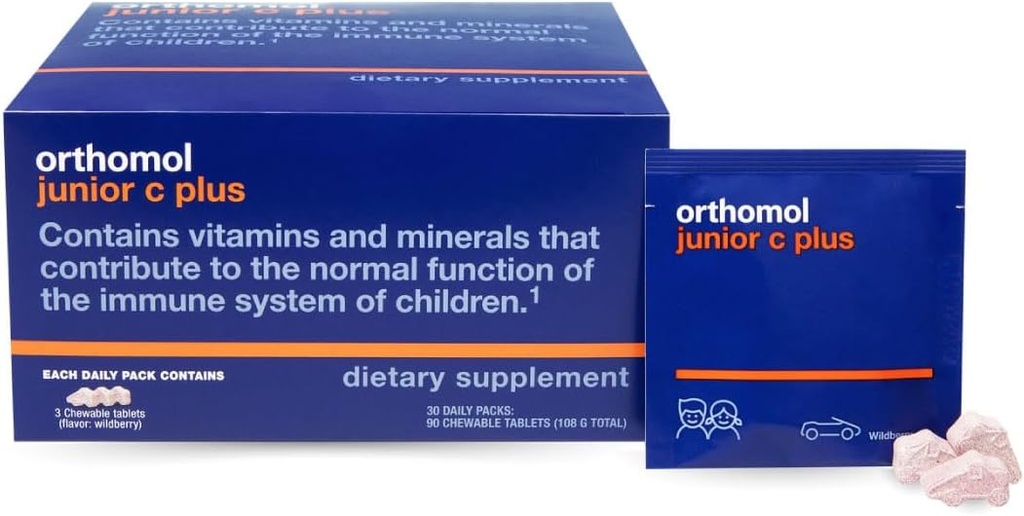 Orthomol Immun Junior C Plus, Multivitamin Kid, Wildberry Flavor, suprimentos de 30 dias