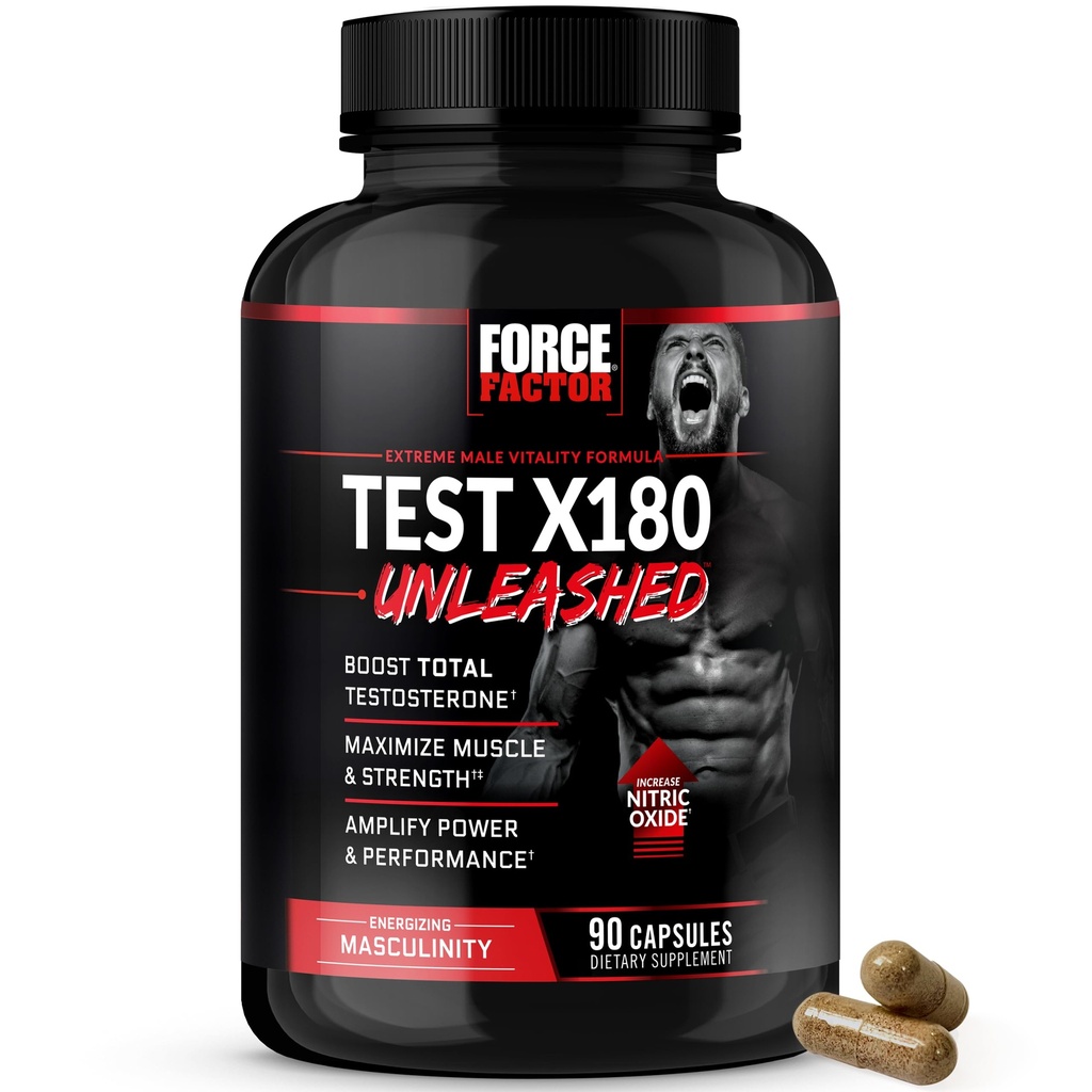 FORCE FACTOR Teste X180 Unleashed reforço de testosterona para homens para construir músculo, aumentar a força e melhorar o desempenho, Suplemento de testosterona para a saúde dos homens, 90 cápsulas