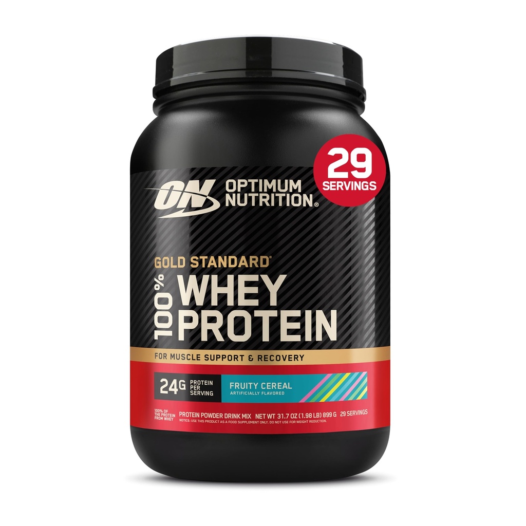 Nutrição ideal Novo sabor ouro padrão 100% Whey Protein Pó, cereal frutado, 1,98 Libra (Pacote de 1) (Pacote Vary maio)