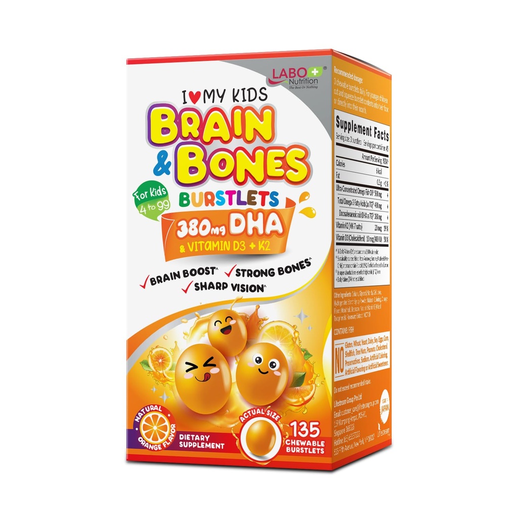 Nutrição LABO I Meus filhos Cérebro e ossos Mastigável Burstlet, Glúten livre, para ossos mais fortes e gestão comportamental, 76% ultra-concentrado rTG Form Omega 3 DHA Fish Oil, Vitamina D3 & K2, Laranja