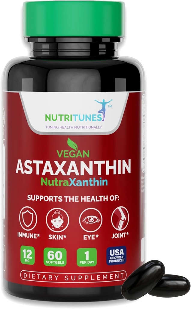 Astaxantina 12mg Vegan Softgels – Antioxidante de alta potência para a pele, Eye & Imune Support – Não-GMO, Livre de glúten, Soja, Lactose & BSE, 60 Vegan Softgels, 2 meses de fornecimento