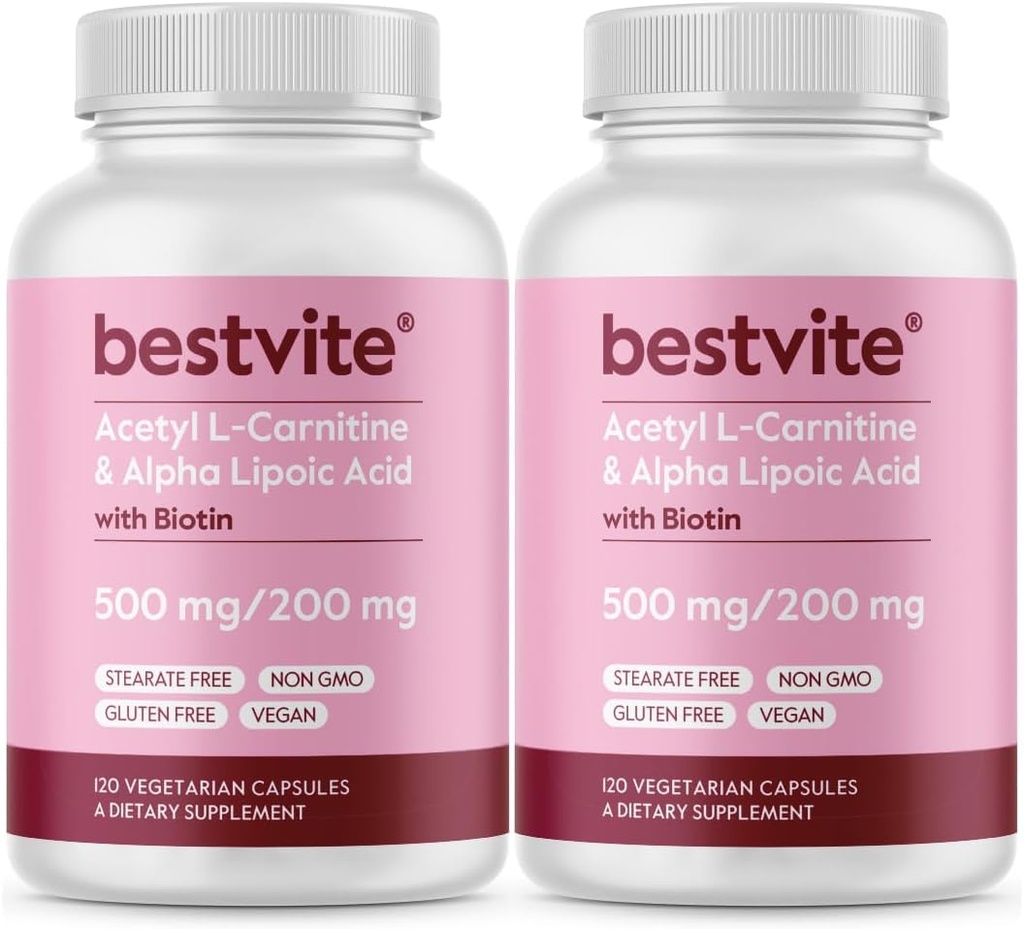 BESTVITE Acetyl L-Carnitina 500mg & Ácido Lipóico Alfa 200mg por cápsula com Biotina (240 Cápsulas Vegetarianas) (120 x 2) - Sem Estearatos - Vegan - Não GMO - Gluten Free