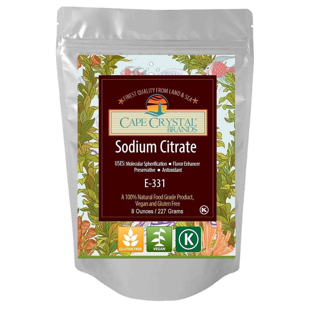 Citrato de sódio 100% Grau de alimento □ Previne Gelação Precoce em Esferificação - Certificado Kosher ( 8 Oz)