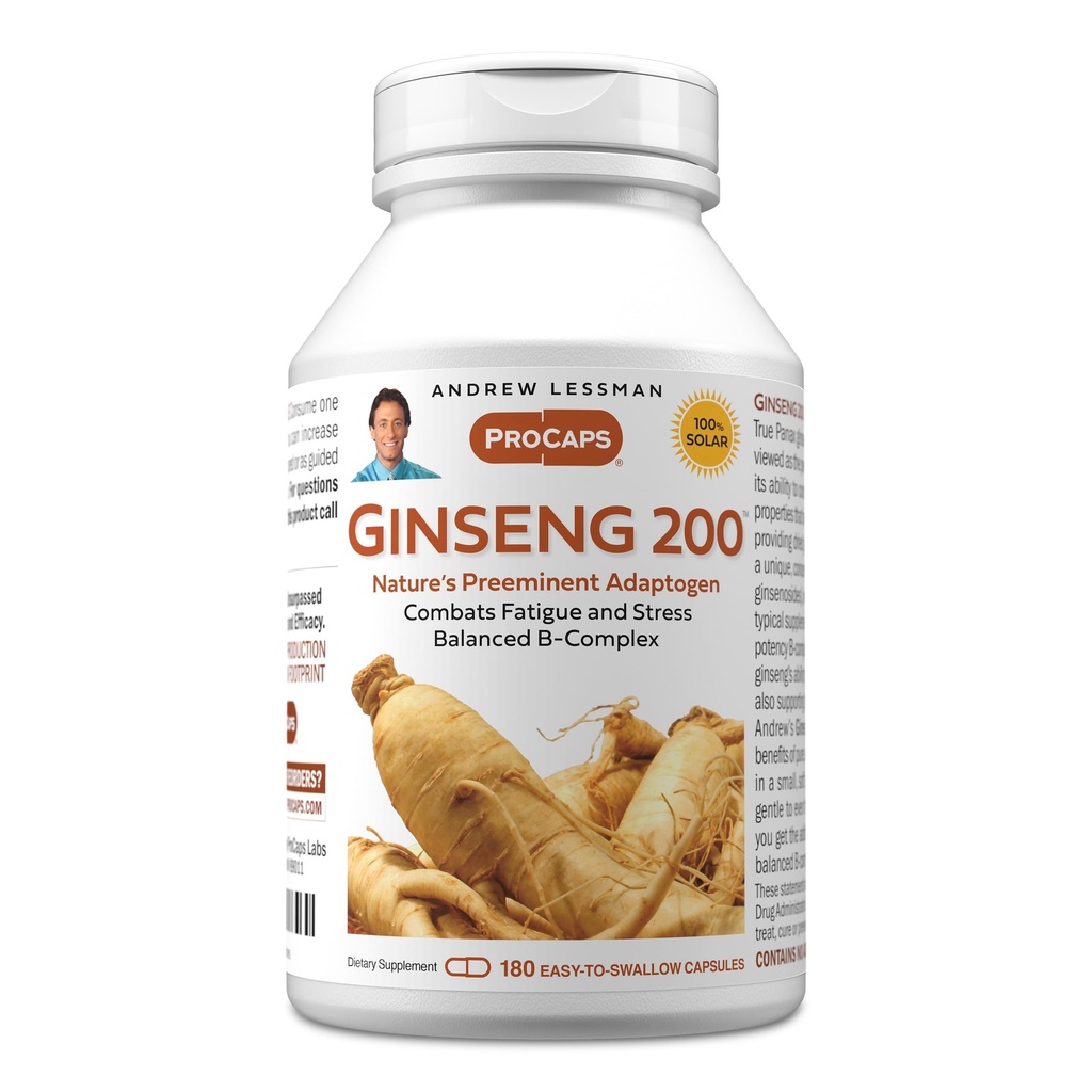 ANDREW LESSMAN Ginseng 200mg - 180 Cápsulas - Extrato padronizado para apoiar o bem-estar. Adaptogen, Combate Fadiga e Stress. Cápsulas suaves, pequenas e fáceis de usar. Sem aditivos