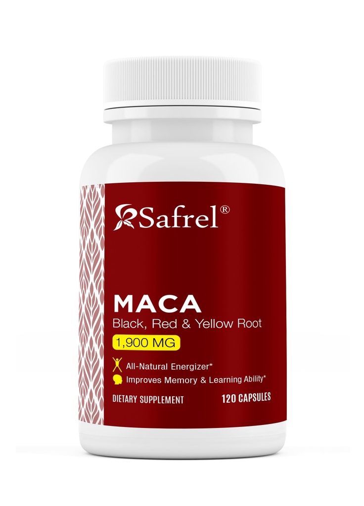 Safrel Orgânico Maca Raiz Preto, Vermelho, Amarelo 1900 MG por Serviço - 120 Cápsulas Vegan Peruano Maca Raiz Gelatinizado 100% Puro Não-GMO Suporta Saúde Reprodutiva Energizador Natural