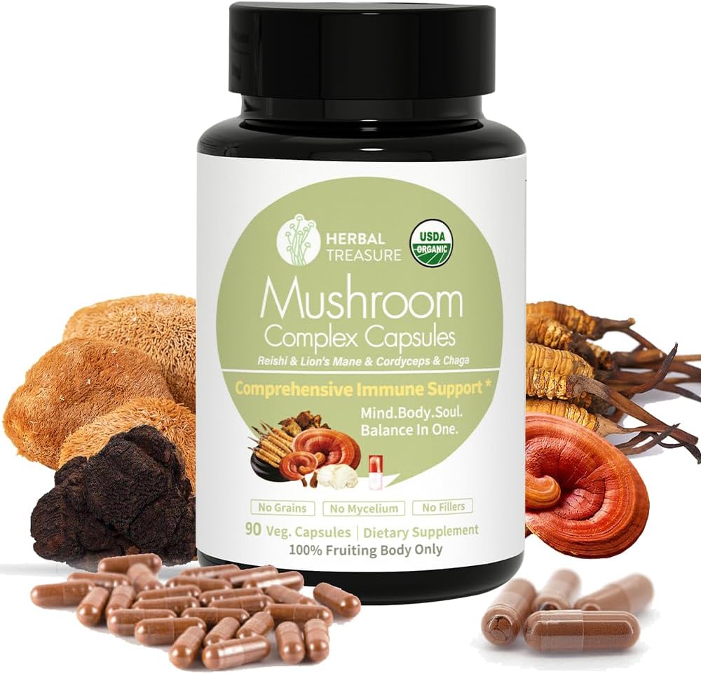 Herbal Treasure 4 em 1 Suplemento Complexo de Cogumelo, Adaptogen com Mane de Leão, Reishi, Chaga e Cordyceps Mushroom Blend, Suplemento de Cogumelo Orgânico Extract 90 Caps