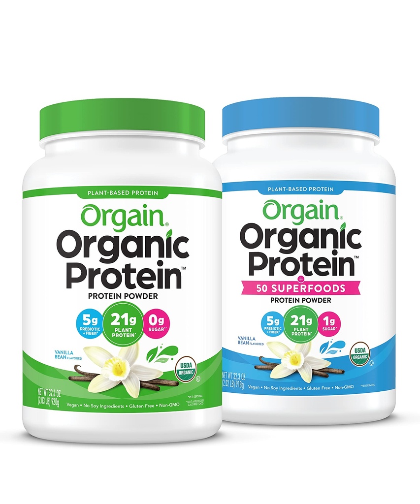 Orgain Orgânica Vegan & Proteína Orgânica + Superalimentos Pó, Vanilla Bean Flavors - Proteína baseada em plantas, Glúten livre