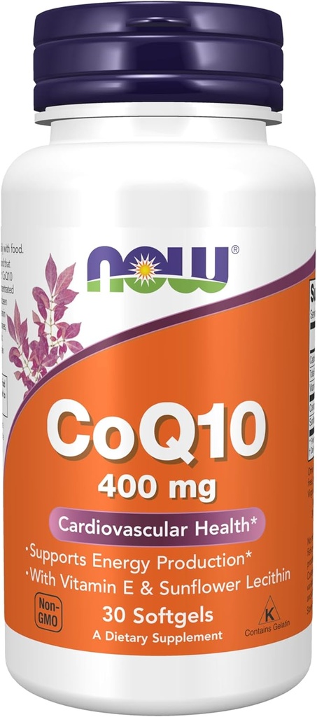 NOW Foods Supplements, CoQ10 400 mg, Pharmaceutical Grade, All-Trans Form produzido pela Fermentação, 30 Softgels