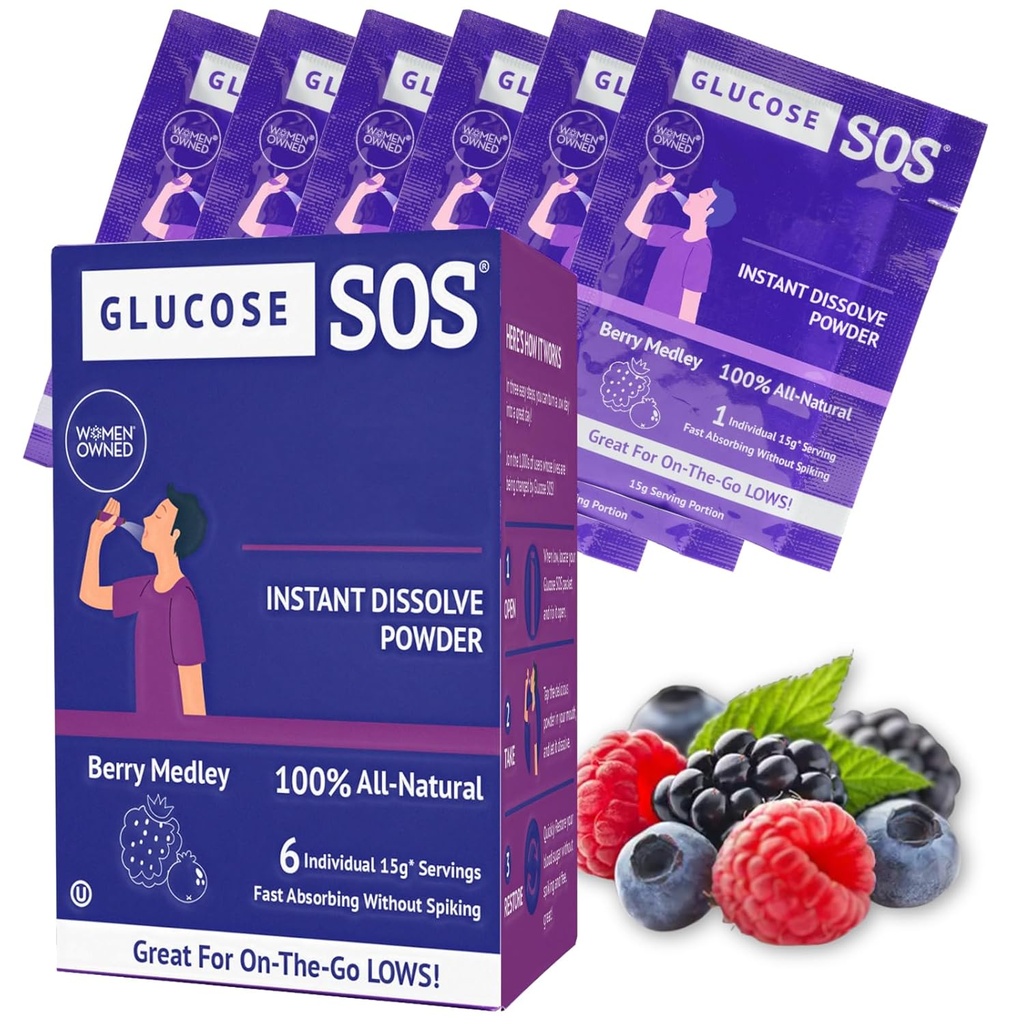 Glicose SOS Glucose Berry Medley Pó de Glucose, Pacotes de Dextrose Natural, Absorção Rápida, Dissolve instantaneamente, Sem Necessário de Água, 6 saquetas por caixa