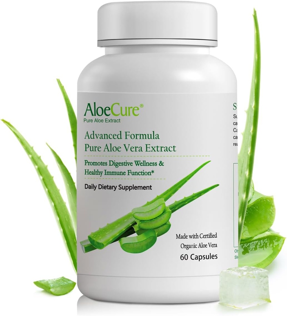 AloeCure Organic Aloe Vera Cápsulas, 130,000mg Inner Aloe Leaf Equivelant por Serviço, Suporte Gut Health & Digestive Comfort, Estômago Acid Buffer, Suplemento Imune Natural, Aloin Free, 60 Cápsulas