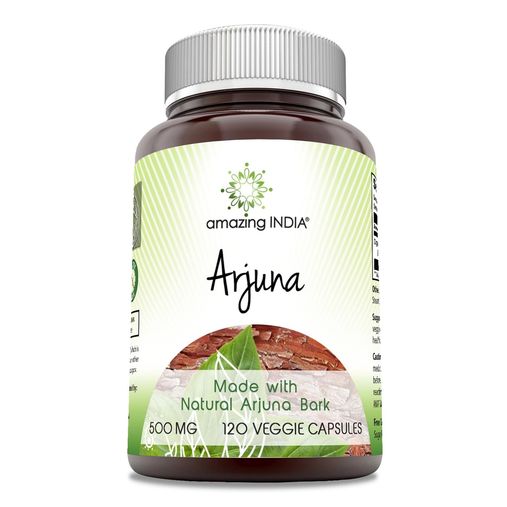 Amazing India Arjuna (Made with Natural Arjuna) 500 Mg Supplement – Cápsulas Vegetarianas – Não-GMO – Gluten-Free – Made in USA (1 Pack – 120 Count)