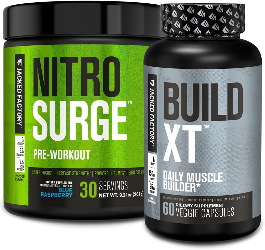 Fábrica Jacked Nitrosurge pré-treino em framboesa azul e construir XT Muscle Building Bundle para homens e mulheres