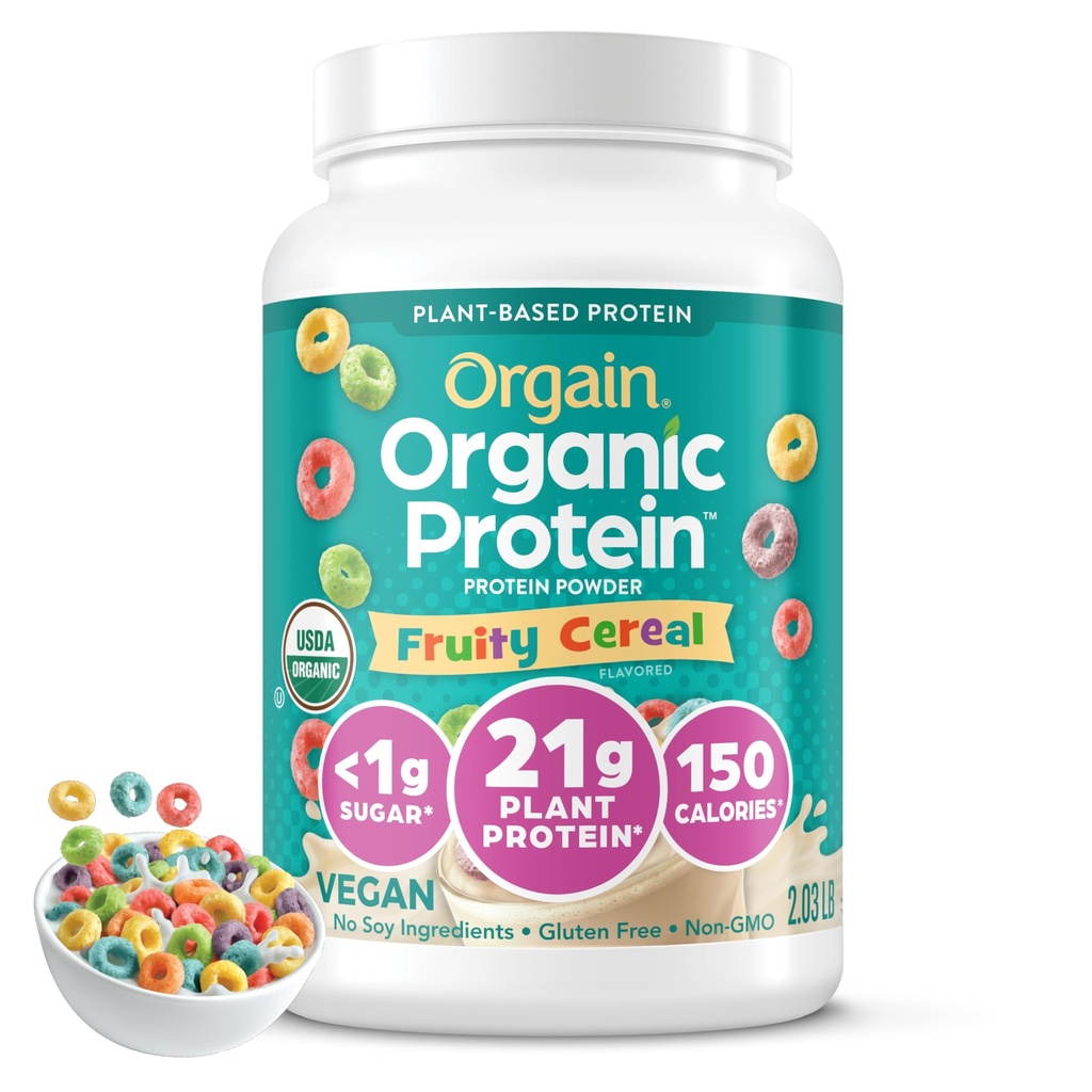 Orgain Organic Vegan Protein Powder, Fruity Cereal - 21g Vegetal Based Protein, 8g Fibra Prebiótica, Low Net Carb, No Lactose Ingredients, No Added Sugar, Non-GMO, For Shakes & Smoothies, 2.03 lb