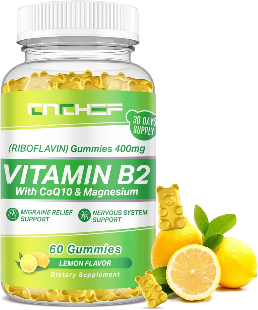 Vitamina B2 Gummies para Adultos e Crianças - Riboflavina 400mg Suplemento com Glicinato de magnésio & CoQ10, Suporte alívio de enxaqueca e sistema nervoso, Boost Energia, Açúcar Free Vegan B2 Gummies limão flavor