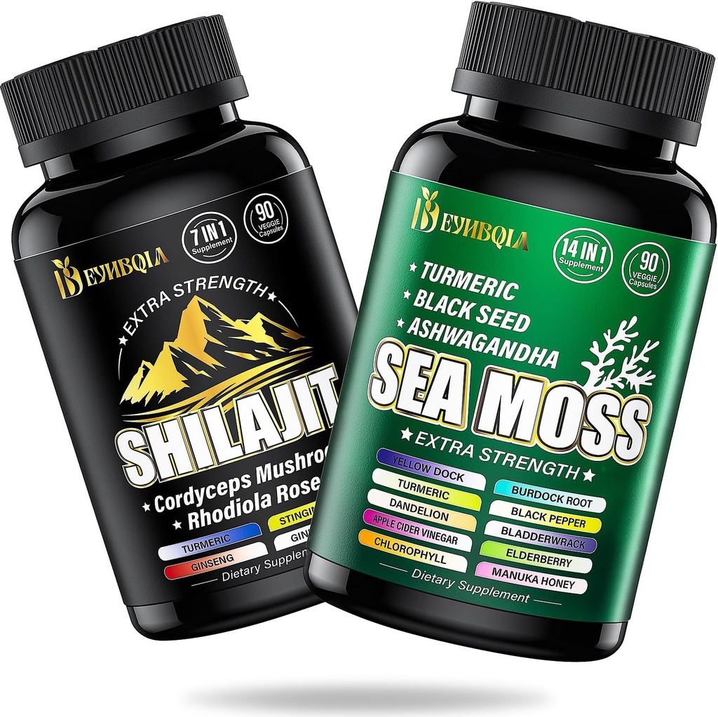 Sea Moss and shilajit Bundle - 90AD Count - Sea Moss, Black Seed Oil, Ashwagandha, Turmeric & Shilajit, Rhodiola Rosea, Burdock, Bladderwrack 21 em 1 Suplementos (2 Embalagens)
