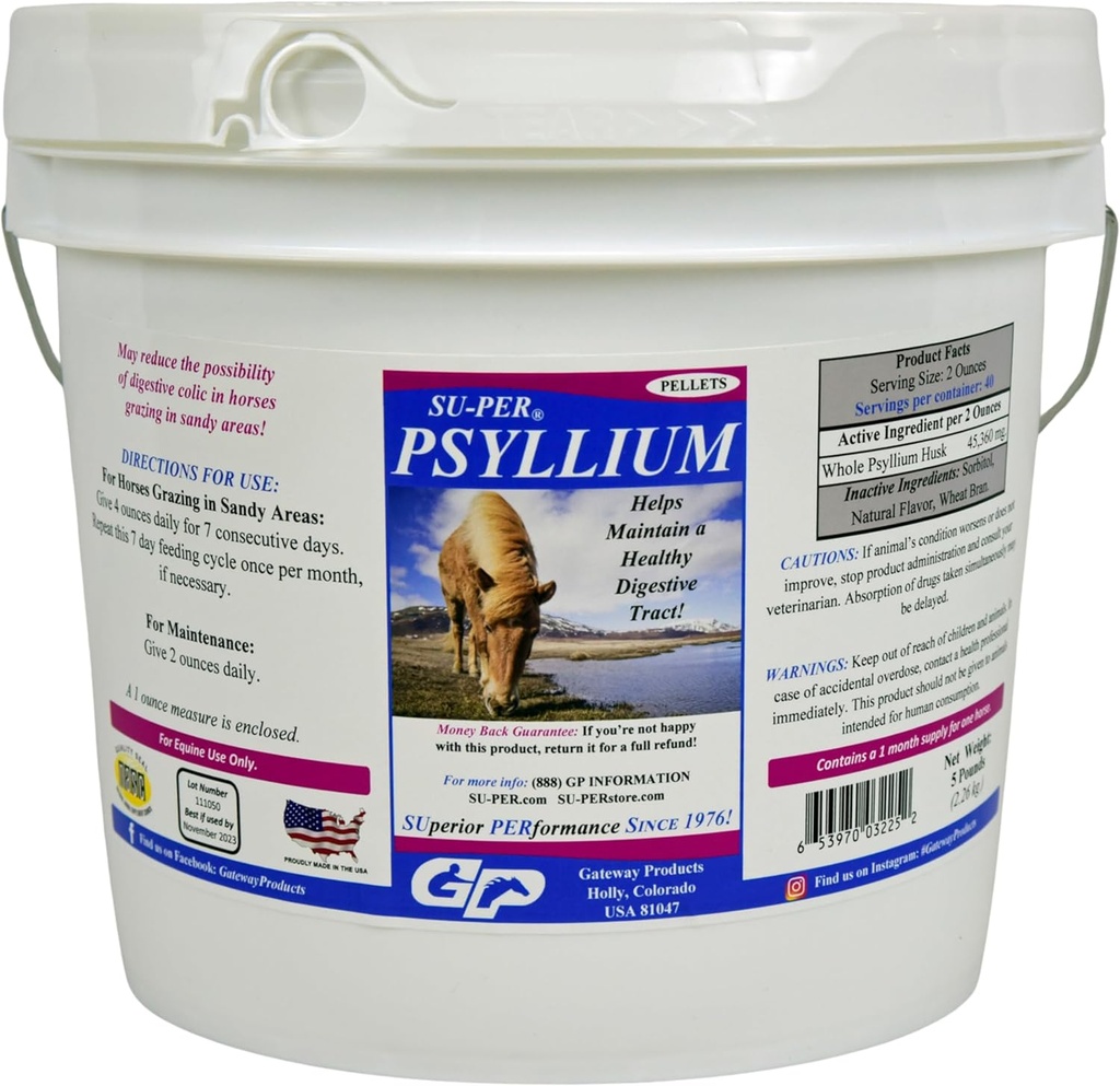 SU-PER Psyllium Pellets Equine Supplement - Mantém Trato Digestivo Saudável em Cavalos - Suportes Remoção de Areia e Sujeira do Trato Intestinal - 5 Libras, 1 Mês de Fornecimento