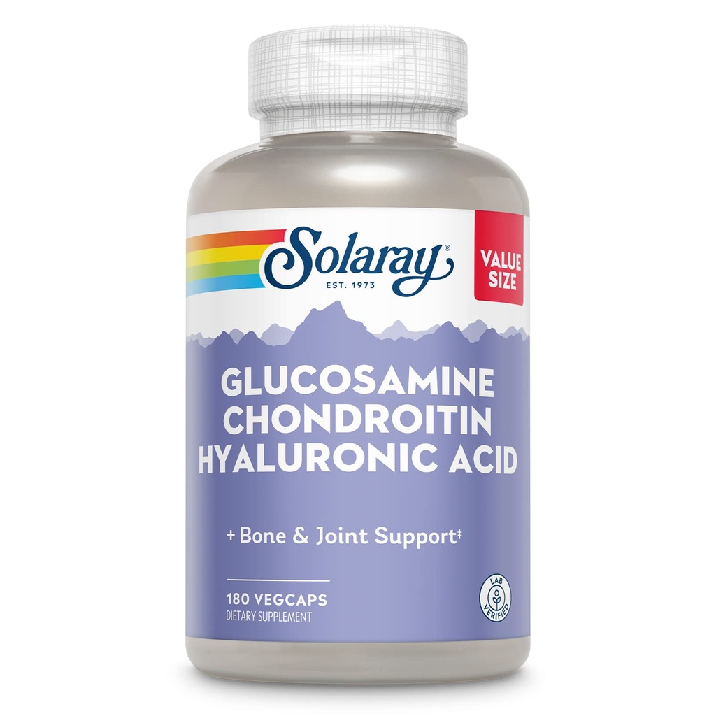 SOLARAY Glucosamina condroitina Ácido hialurônico, osso saudável e suplemento de suporte conjunto mais vitamina C para absorção melhorada, laboratório verificado, 60 dias de garantia, 60 serviços, 180 VegCaps