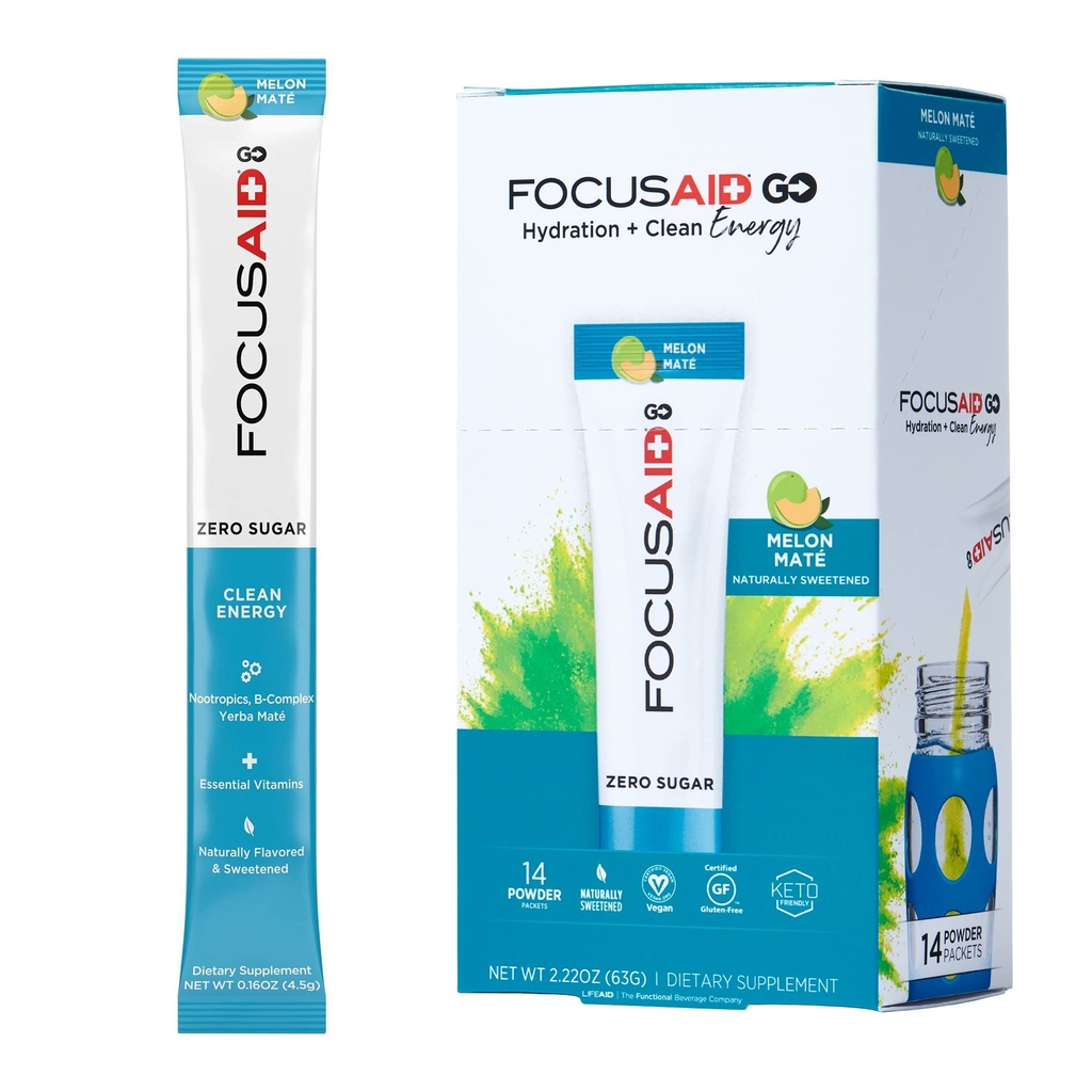 FOCUSAID GO Nootrópicos Mistura de energia, Açúcar Zero, Alpha-GPC, GABA, B-Complexo, Yerba Mate, Chá Verde, Keto Friendly, 100mg Cafeína Natural (Pacote de 14)