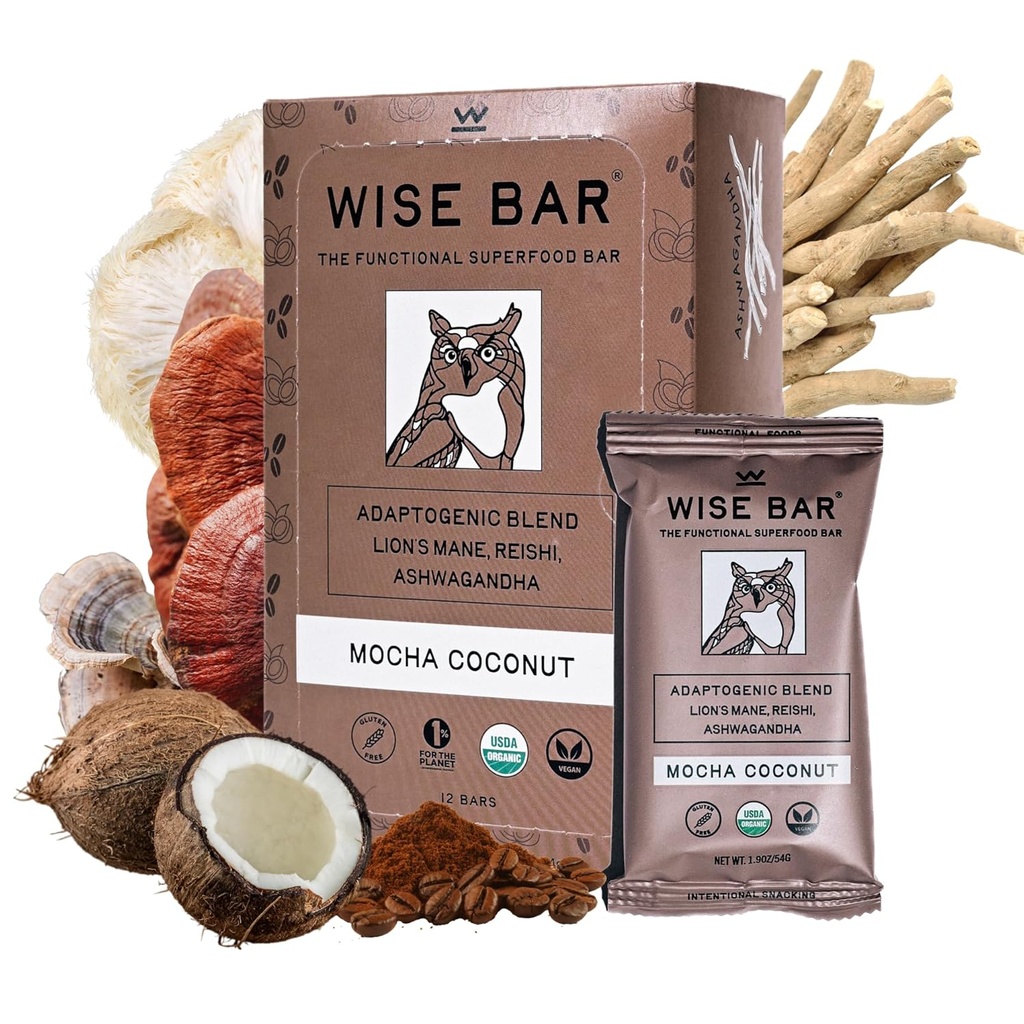 Wise Bar Adaptogen Mushroom Nutrition Bares com Reishi, Lions Mane & Ashwagandha, Vegan orgânico & Gluten Free Snacks para foco natural, energia e suporte de imunidade, Mocha sabor coco, 12 Conde