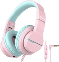 Auscultadores para crianças iClever HS19 com microfone para escola, volume seguro limitado, Over-Ear Girls Boys Auscultadores para crianças com Shareport, fio dobrável para iPad / Viagem (Pink)