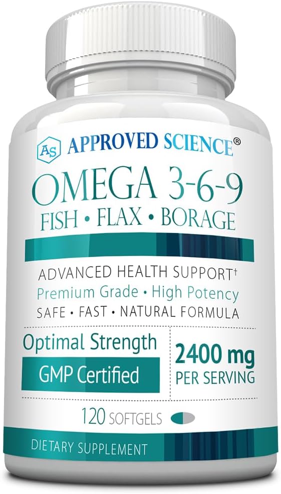 Aprovado Ciência Omega 3-6-9-2400mg Mistura diária de peixes, linhaça e óleos de Borage com vitamina E - suporte de bem-estar - Não-GMO, Mercúrio-livre - 120 Softgels - 2 meses de fornecimento
