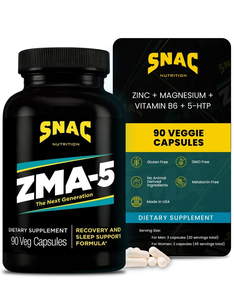 SNAC ZMA-5 Sleep Aid Supplement, Promova a recuperação muscular e crescimento, suporte imunológico, e sono restaurador com zinco, magnésio e 5-HTP, Pós-treino, Antes da cama ZMA Suplementos 90 Veggie Cápsulas