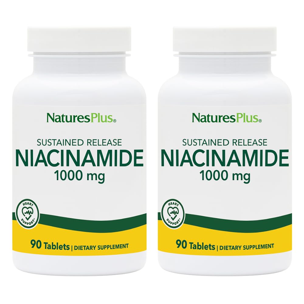 Natures Plus Niacinamida 1000 mg - 90 Comprimidos de Libertação Mantida, Pacote de 2 - Suporta Imune & Skin Health, Produção de Energia e Função Cérebro - Vegetariano, Glúten Livre - 180 Total Servings