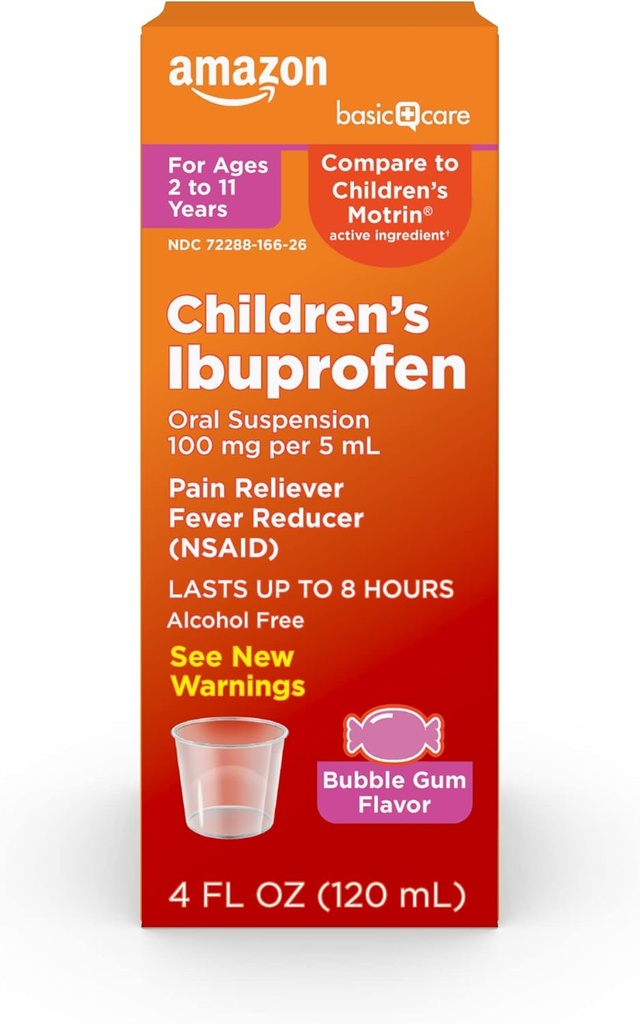 Cuidados Básicos Ibuprofeno Crianças Suspensão oral, 100mg, Bubblegum, 4 fl oz (Pack of 1)