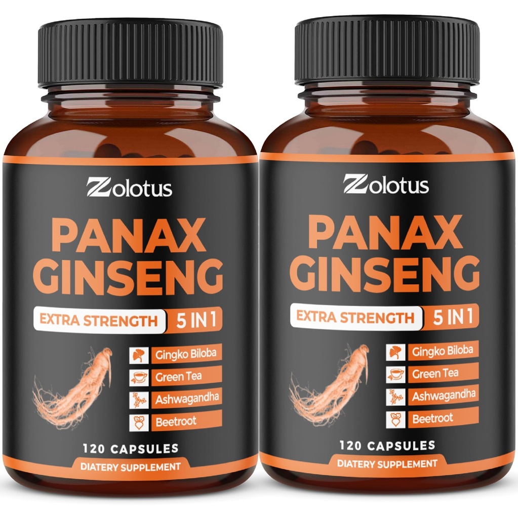 Zolotus Korean Red Panax Ginseng + Ginkgo Biloba, Ashwagandha, Beterraba, Chá Verde - 120 Cápsulas (Pack of 2)