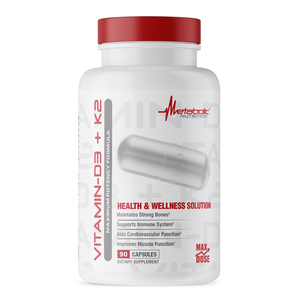 Nutrição Metabólica Vitamina D3 + K2, Fórmula de Saúde Óssea e Cardíaca, Suporte Imune, 90 Tampas Vegetais 7000UI por Cápsula Max Dose