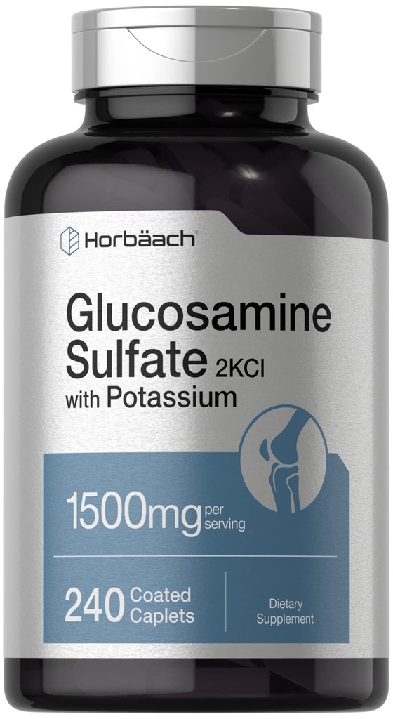 Horbäach Sulfato de Glucosamina 1500mg 240 Caplets 2KCI com Potássio Não-GMO e Suplemento sem glúten