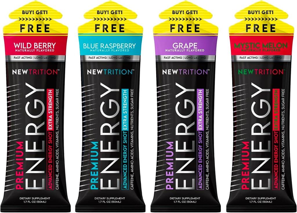 NewTrition® Extra Strength Energy Shots, 250mg Cafeína Energy com vitamina B & Aminoácidos, Sugar-Free Vitamina Energy Shot, Zero Calorie Focus & Stamina Booster, 1,7 fl oz (Pacote de 4, 4 Flavores-Misturado-1)