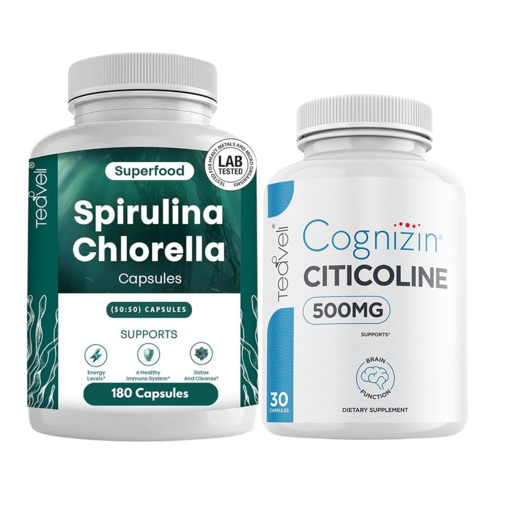 Teaveli Citicoline com espirulina chlorela Cápsulas Bundle