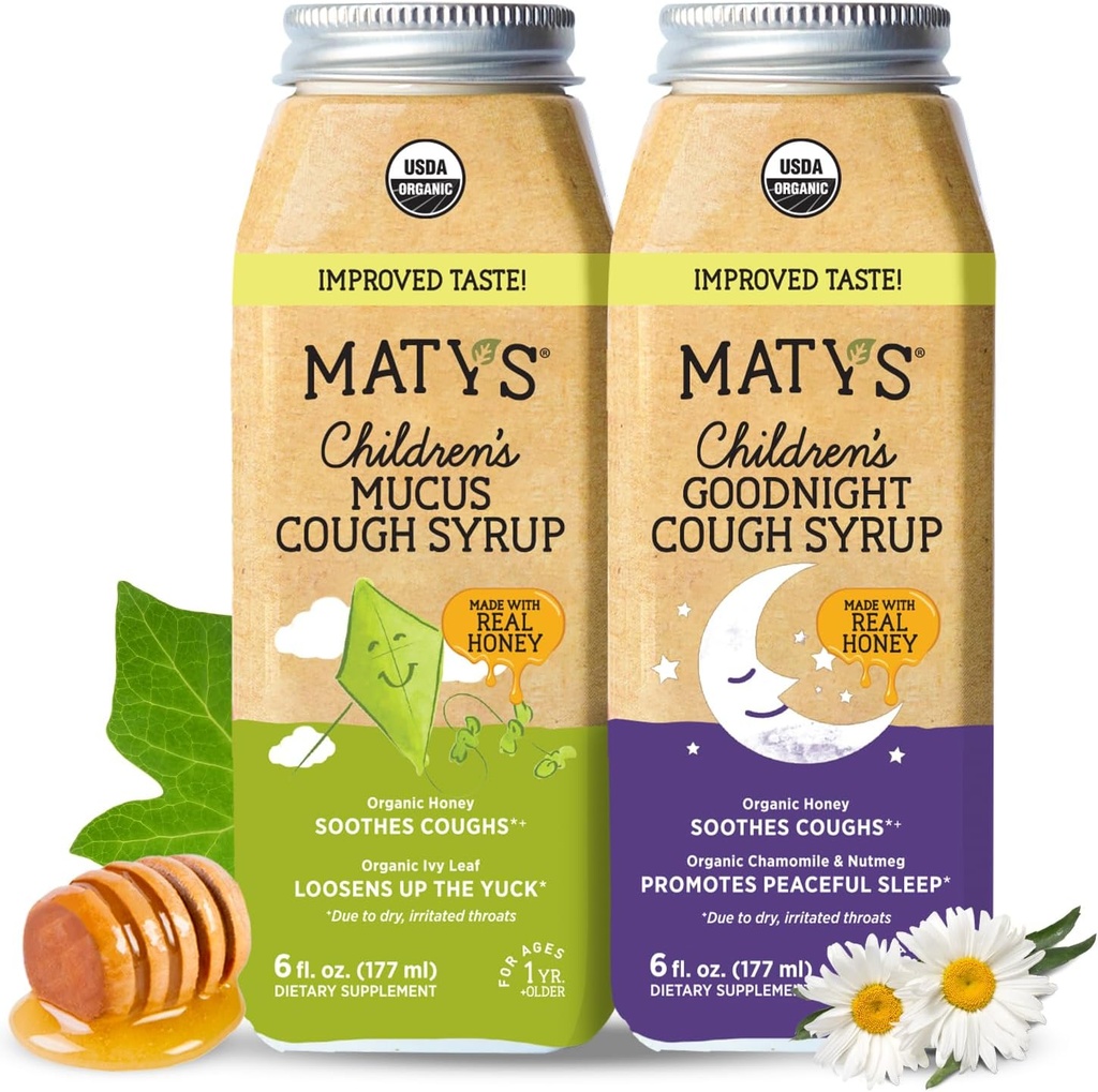 Matys Crianças Orgânicas Tosse Syrup Mucus & Nighttime Value Pack for Children 1 Year + Up, Soothing All-in-One Tosse and Mucus Alief w/Zinc & Organic Ivy Leaf, Melatonina & Dye Free, 2 Pack, 6 Fl Oz Cada