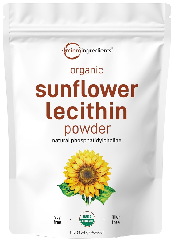 Micro Ingredientes Lecitina em pó de girassol orgânico, 1 libra, sustentável cultivada, prensada a frio, rica em fosfotidil colina e proteína, tornando lipossomal vitamina C, suplemento de lactação, não-GMO