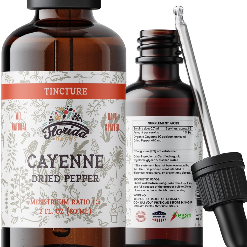 Cayenne Tincture Extract, Organic Cayenne (Capsicum annuum) Pimenta seca - Glicerina vegetal - Não-GMO - 2 onças