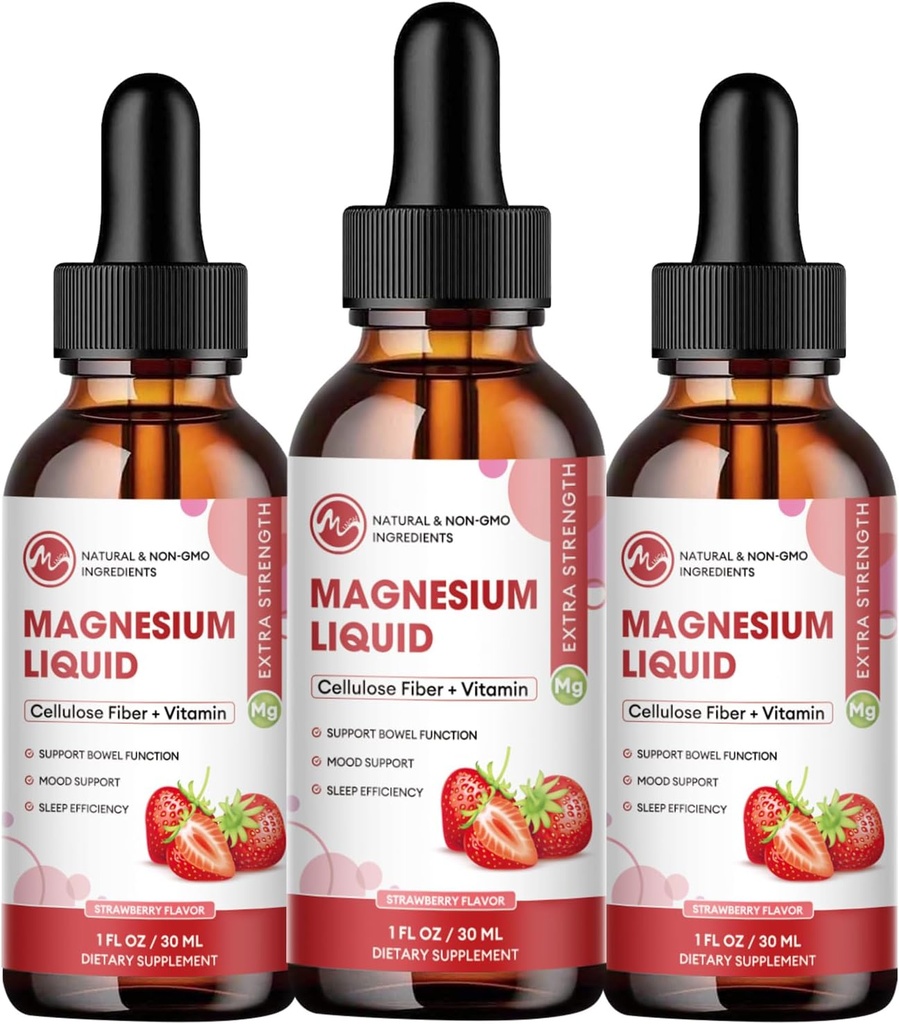 (3 Pack) Gotas Líquidas de Glicenato de Magnésio, Líquido de Magnésio de Alta Absorção com Bromelaína, Vitamina B6 C D, Suplemento de Magnésio para Crianças e Adultos, Apoio à Noite e Músculo, Flavor de Morango