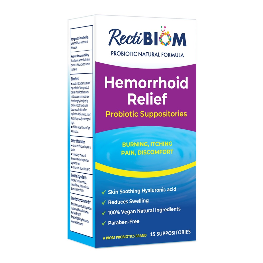 RectiBiom Probiótico Supositórios de alívio hemorróidas com pele calmante ingredientes naturais, alívio rápido. Ácido hialurônico e extrato de açafrão, Vegan, Formulação sem glúten
