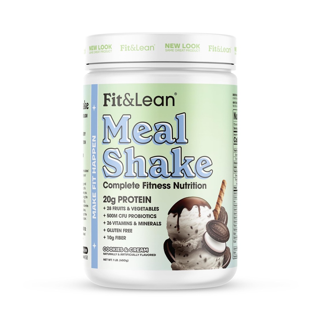 Fit & Lean Meal Shake, Fat Burning Meal Replacement, Replacement Refeição com Proteína, Fibra, Probióticos e Frutas e Legumes Orgânicos, Cookies e Creme, 1lb, 10 Servings por recipiente