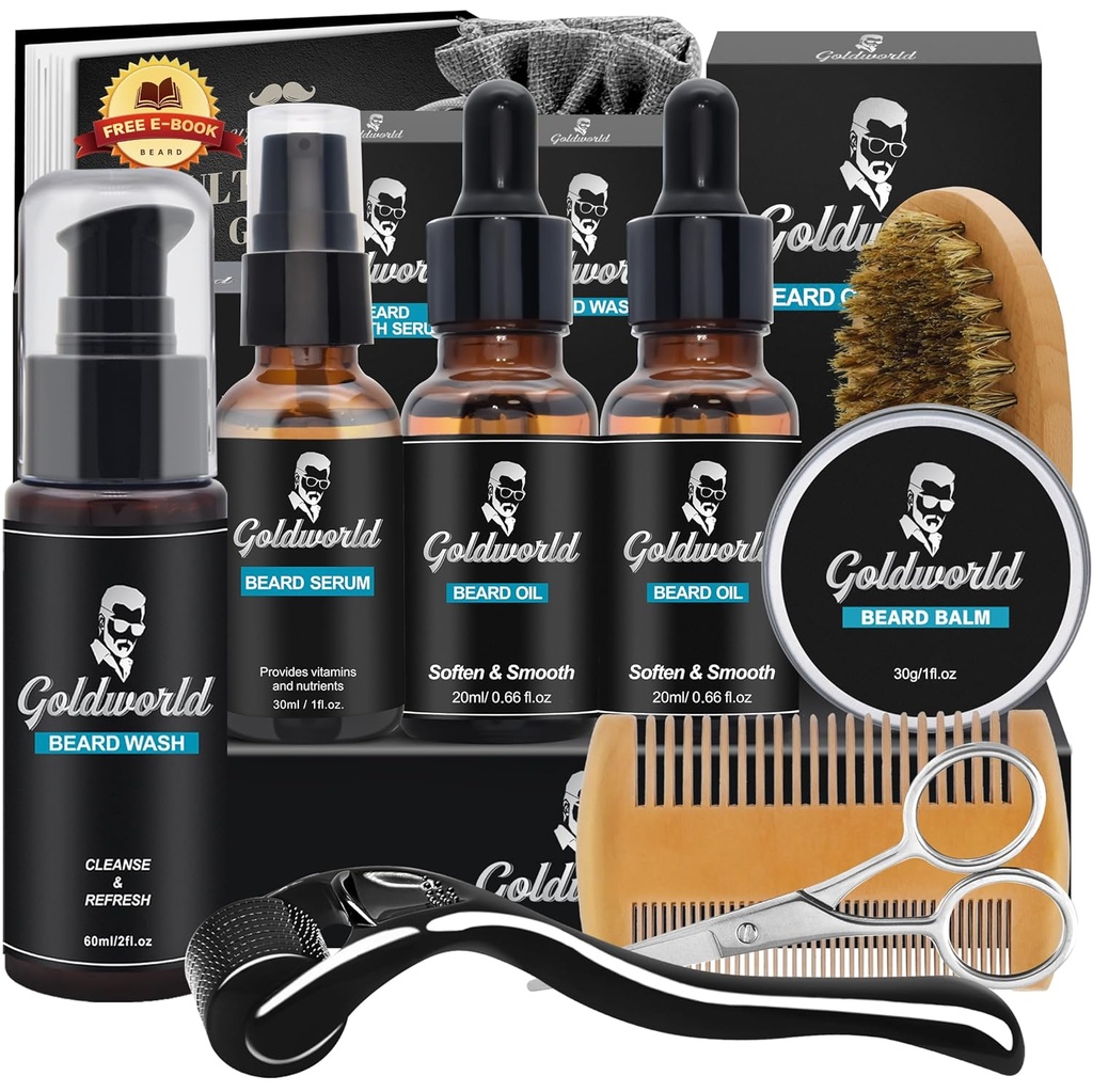 Kit de barba, Kit de jarro w/Beard Wash/Shampoo, 2 embalagens de óleo de barba, Balm de cabra, Lavagem de cabra,Brush,Comb,Escistor,Storage Bag,E-Book,Beard Care & Trimming Kit